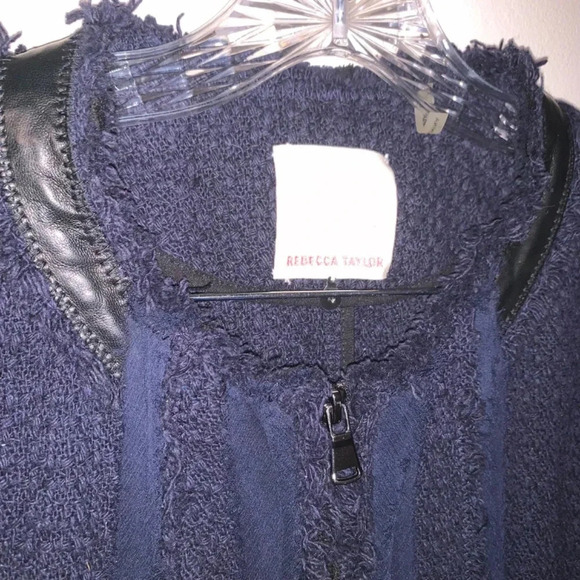 Rebecca Taylor *Navy Blue* Frayed Fringe Tweed Blazer Jacket Leather Accents 4 - Picture 12 of 15